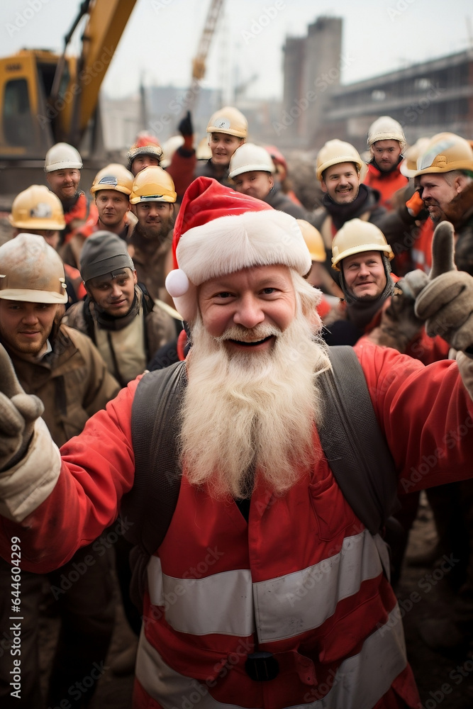 Santa takes selfie at construction site with workers, Christmas and appreciation for hardworking construction professionals Santa takes selfie at construction site with workers, Christmas and appreciation for hardworking construction professionals