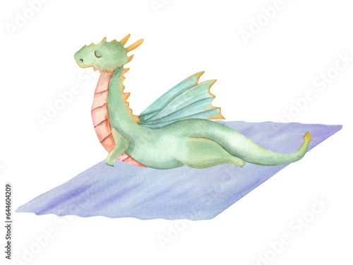 Dragon doing stretching on the mat. Cute animal practicing fitness exercises. Green dragon with wings. Cartoon style. Watercolor illustration for yoga center  label  poster