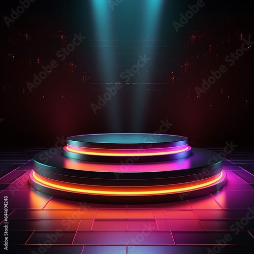 Abstract round podium illuminated with spotlight. Award ceremony concept. Stage backdrop. Made with generative ai