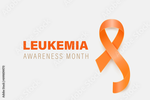 Leukemia, Blood Cancer Banner, Card, Placard with Vector 3d Realistic Orange Ribbon on White Background. Leukemia Cancer Awareness Month Symbol Closeup, September. World Leukemia Cancer Day Concept