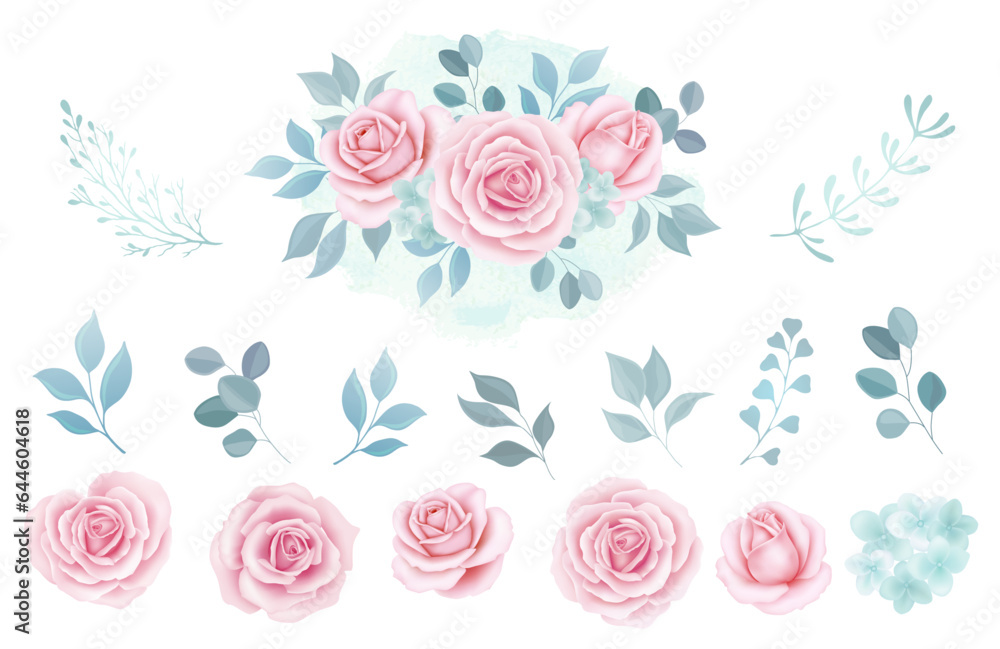 Set vintage elements of roses, collection garden flowers, leaves, Vector illustration eucalyptus, herbs. bud and leaf