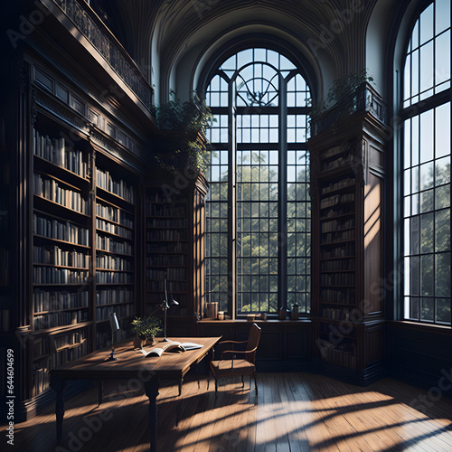 Generative KI alte Bibliothek mit lichtdurchflutenden gro  en Fenstern