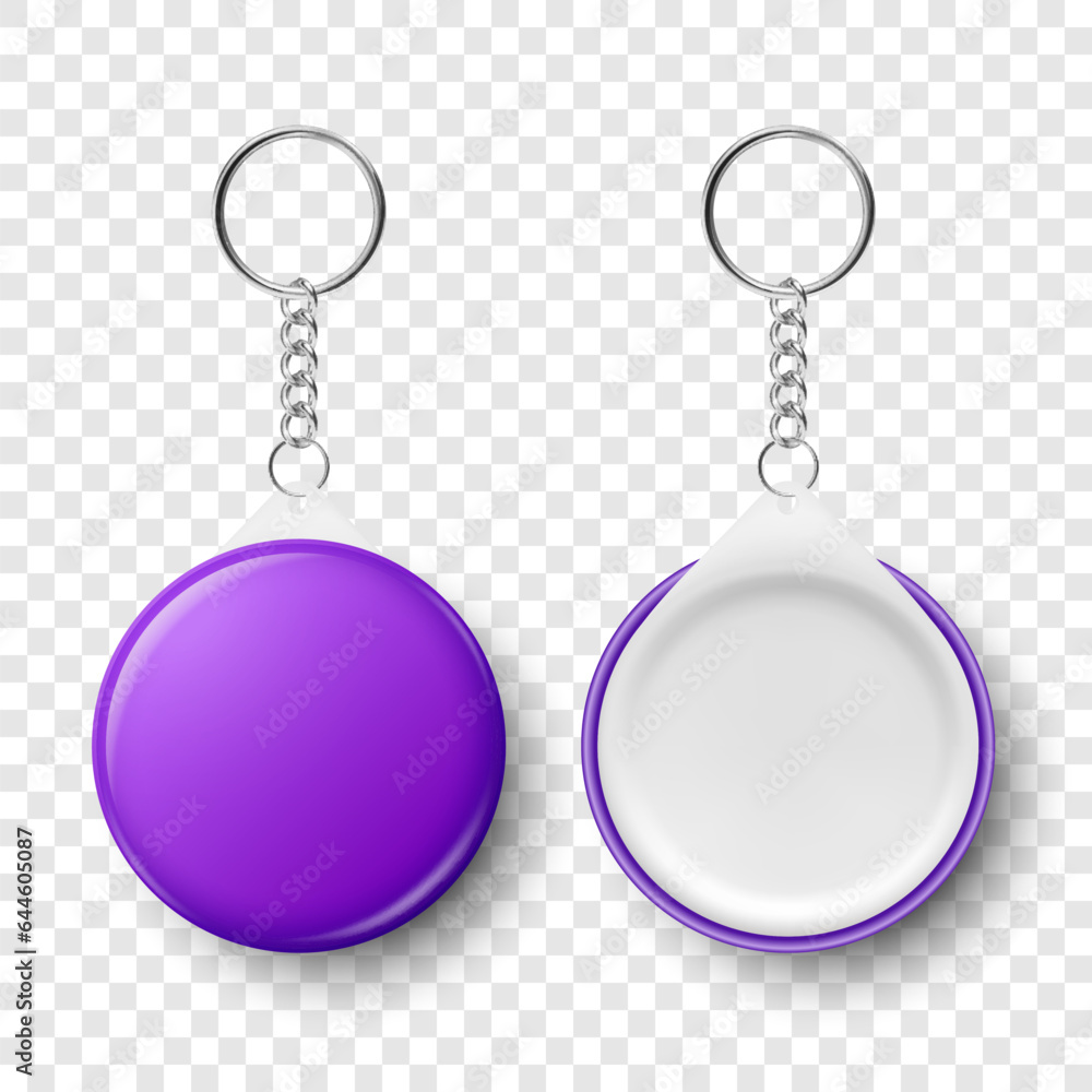 Vector Realistic Blank Purple Round Keychain with Ring and Chain for Key Isolated. Button Badge with Rin, Plastic or Metal ID Badge with Chains Key Holder, Design Template, Mockup. Front View Vector Realistic Blank Purple Round Keychain with Ring and Chain for Key Isolated. Button Badge with Rin, Plastic or Metal ID Badge with Chains Key Holder, Design Template, Mockup. Front View