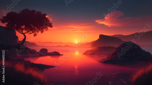 Sunset on a lake, landscape, mountains in background © abvbakarrr