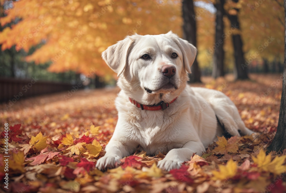 White labrador dog in autumn leaves