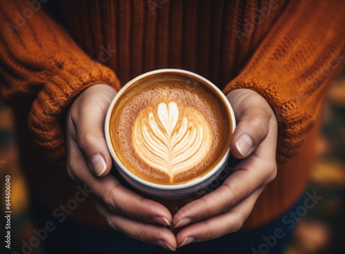 Cup of coffee in a woman's hand in a sweater on the brown background with yellow and orange falling maple leaves. Hot drink, latte art. Hello autumn, fall concept. Flat lay template