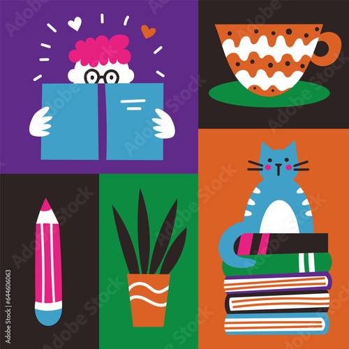 Vector modern illustration. Book club poster with doodle lettering and cute design elements.	
