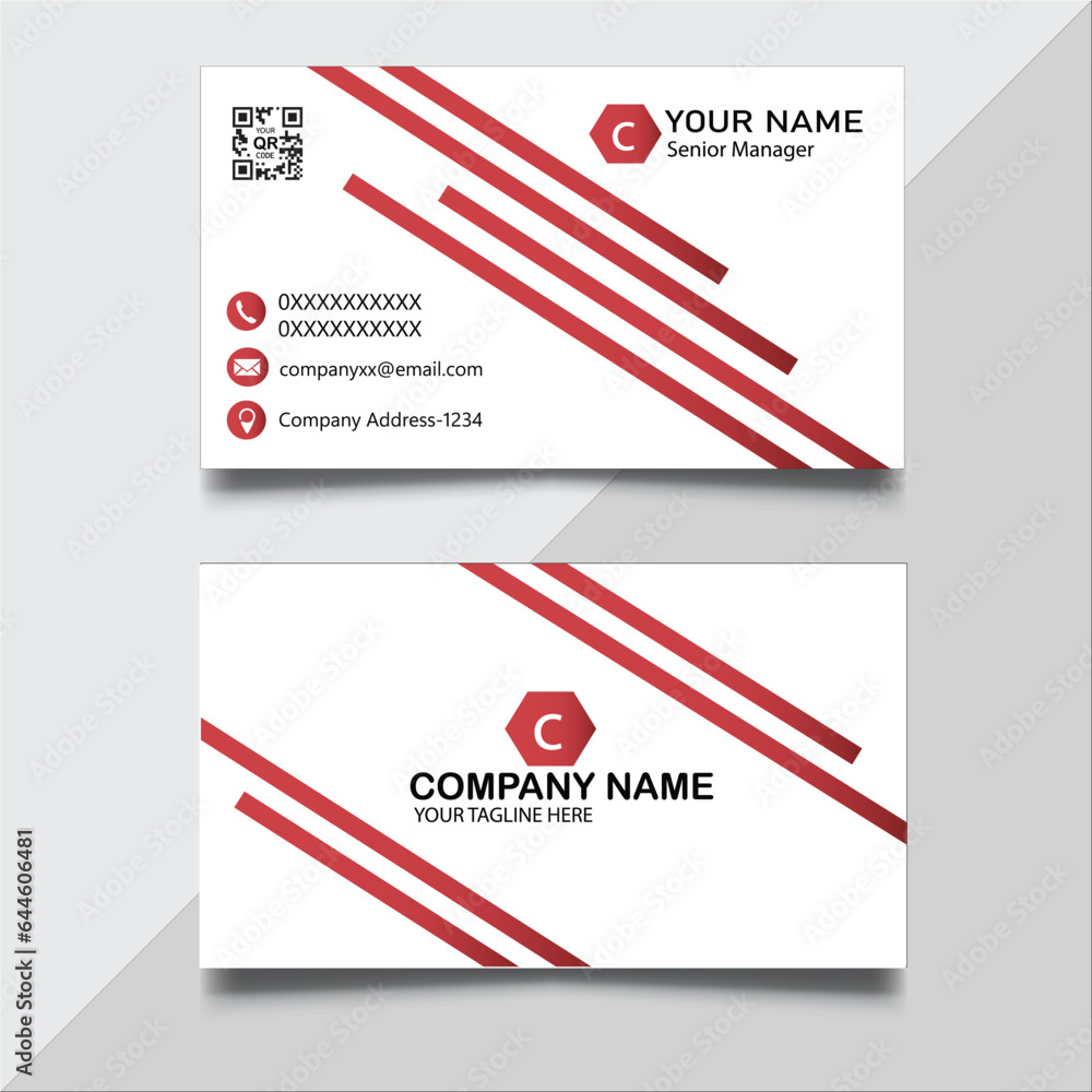 Clean company vector business card.Modern and simple corporate business card vector template in red color.