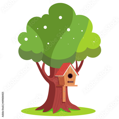wooden birdhouse hanging on a tree. flat vector illustration.