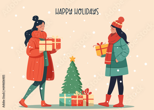 Girls with New Year presents for winter holidays. Flat design. Stock vector illustration.