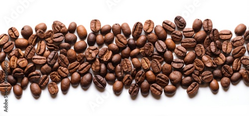 Fresh roasted coffee beans closeup pattern isolated on clear white background. Food pattern. Love coffee concept. Top view, flat lay with copy space 