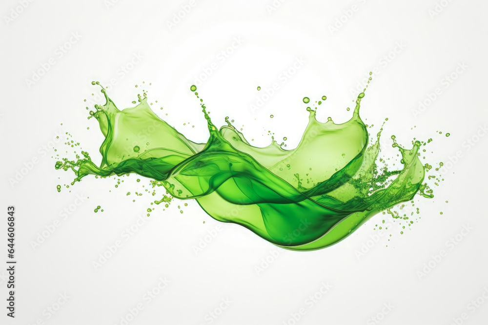 Green color wave splash with splatters and drops on solid color white background. Green color wave splash with splatters and drops on solid color white background.