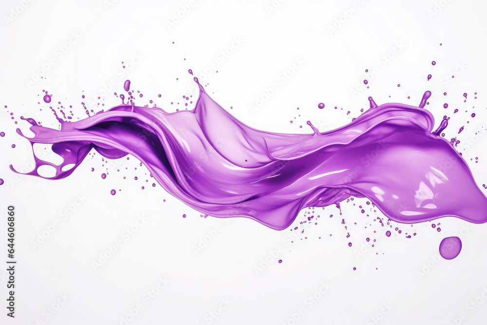 Purple color wave splash with splatters and drops on solid color white background.