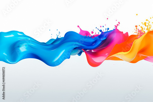Rainbow color wave splash with splatters and drops on solid color white background.