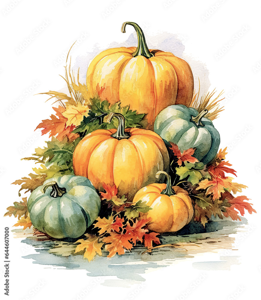 Watercolor pumpkin, autumn thanksgiving holiday design. Fall floral composition with leaves. Isolated cutout on transparent background.