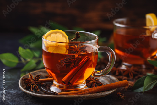 Delicious herbal tea drink on solid background.