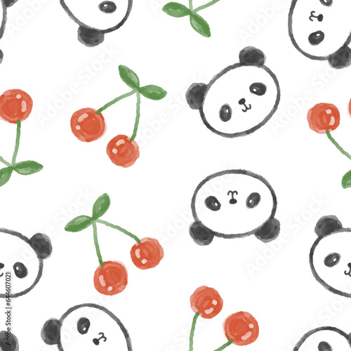 Cute hand drawn watercolor kawaii panda bear face with red cherry background, fruits and animals seamless pattern design for textile or wrapping paper