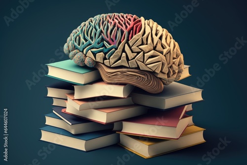 Human brain and books on a dark background