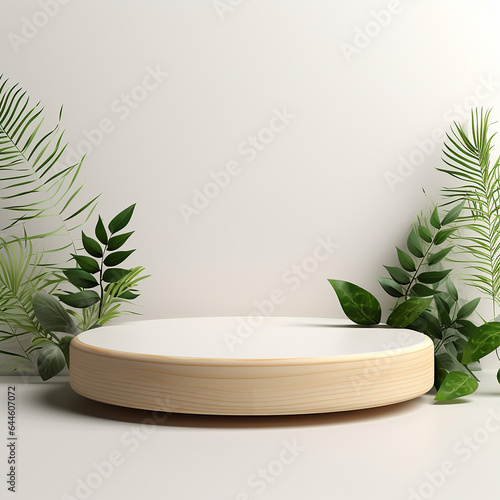 Cylinder wood podium in white background with leaves. product presentation, show cosmetic product, Podium, stage pedestal or platform. Made with generative ai