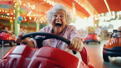 Elderly woman driving a bumper car at the funfair Generative AI