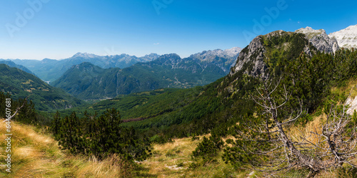 Panoramic views of raw mountain landscapes from the Albanian Alps between Theth and Valbona, Albania