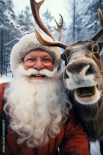 Fictional person as Santa Claus taking a selfie with his reindeer in Christmas winter, Santa and his loyal reindeer as they prepare for their magical journey on Christmas Eve © Ash