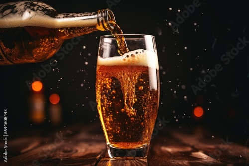 A tall pilsner glass of beer being poured from a bottle on a polished wooden bar with bokeh lights.