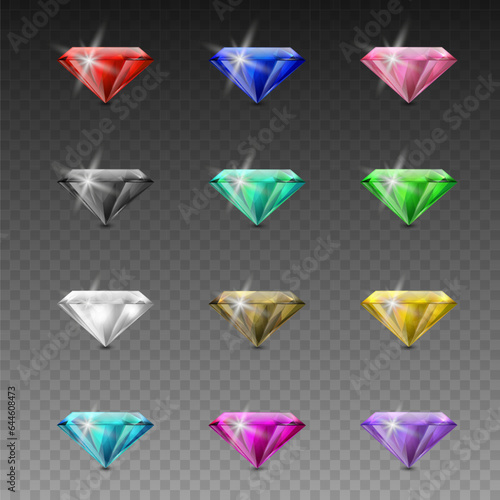 Vector 3d Realistic Colorful Gemstone Icons Set. Multicolored Diamond, Crystal, Rhinestones Closeup Isolated. Jewerly Concept. Design Template of Gemstones, Gem Clipart