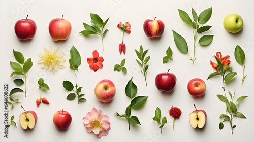 Apples photo realistic flat lay pattern background.