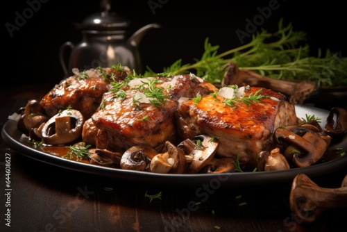 Pork thighs with mushrooms and sauce on a dark plate.
