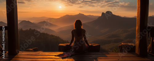 Woman on Mountain-Edge Porch   Sunset  travel background