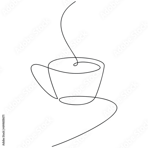 Vector tea coffee cup one line continuous drawing illustration. Hand drawn linear silhouette icon. Minimal outline design, graphic print, banner, card, brochure, product logo, menu, shop sign, symbol.