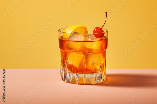 Old fashioned cocktail on solid background.
