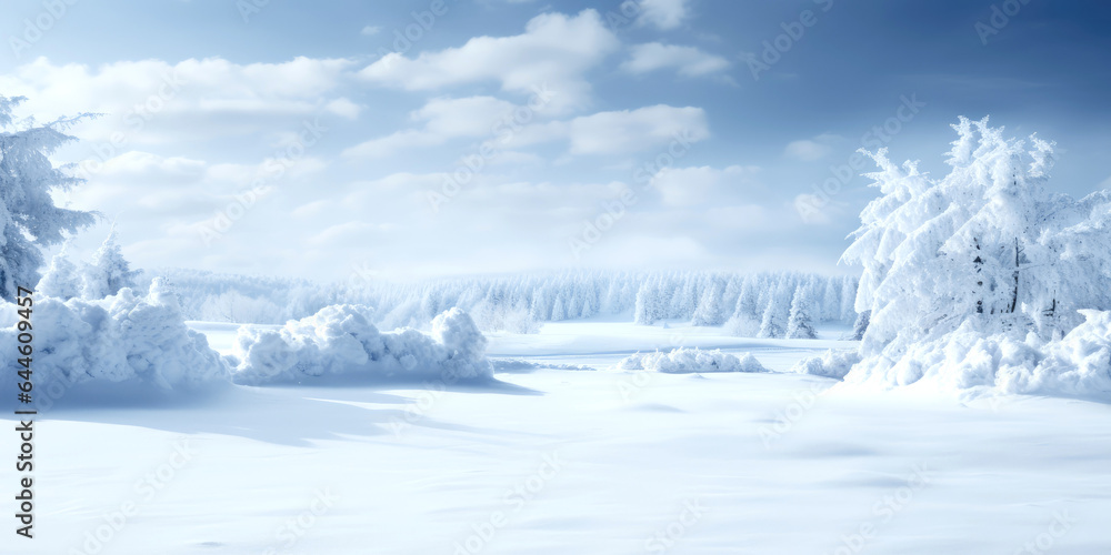 winter snowy landscape with plain, forest, blue sky on a sunny clear day