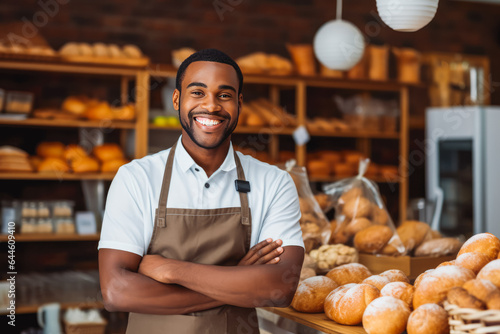 Fotografia Young black male home baked goods seller standing in his shop.