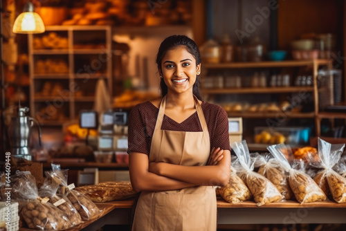 Young indian female home baked goods seller standing in her shop.