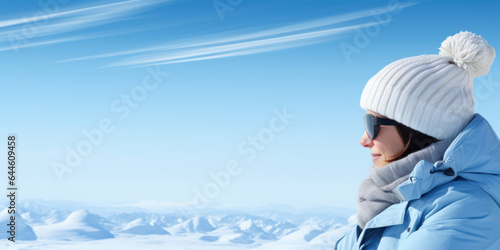 woman in a knitted hat and sunglasses on the background of snowy mountains and blue sky, banner with copy space
