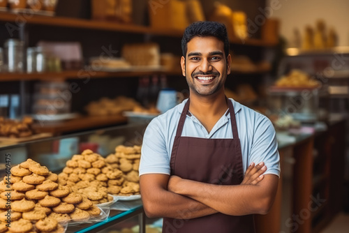 Young indian male home baked goods seller standing in his shop.