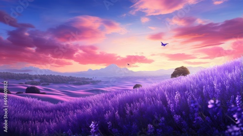 a panoramic view of a lavender field in full bloom  with butterflies gracefully fluttering amidst the fragrant lavender blossoms. The scene exudes the tranquility and beauty of a lavender garden.