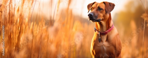 Banner with purebred dog wearing a red leather collar outdoors in field in fall season. Happy smiling rhodesian ridgeback dog on a walk. Autumn cute funny pet photo
