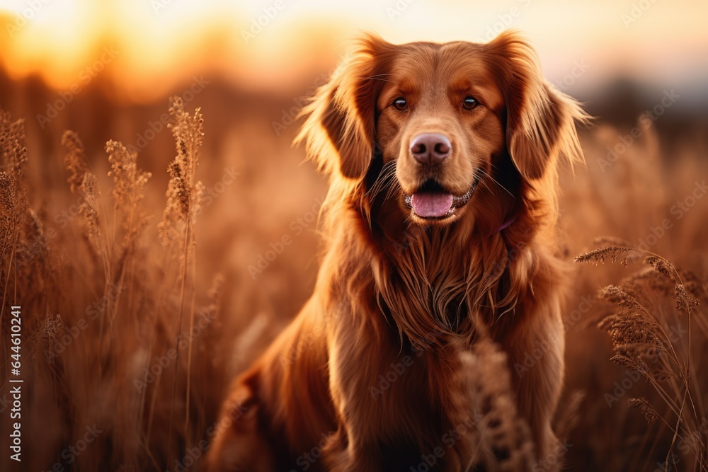 Closeup portrait of a purebred dog outdoors in field in fall season. Happy smiling irish setter dog on a walk. Banner with cute funny pet