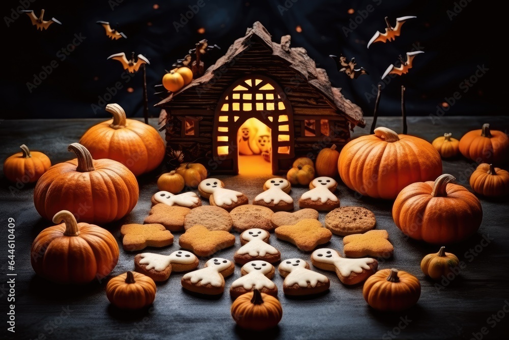 homemade halloween cookies arranged in a circle with pumpkins and ghosts Generative Ai homemade halloween cookies arranged in a circle with pumpkins and ghosts Generative Ai