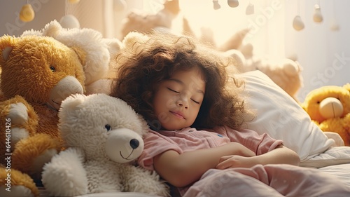 a sleeping child on a bed, surrounded by cuddly soft toys, in a light-colored, serene interior. The scene radiates the innocence and tranquility of childhood.