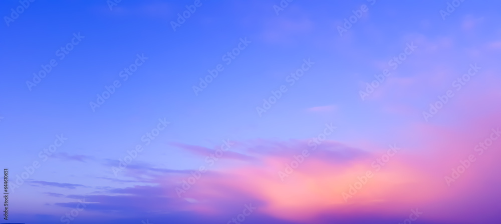 Blue Blurry light soft panorama sunset sky background with pink clouds
