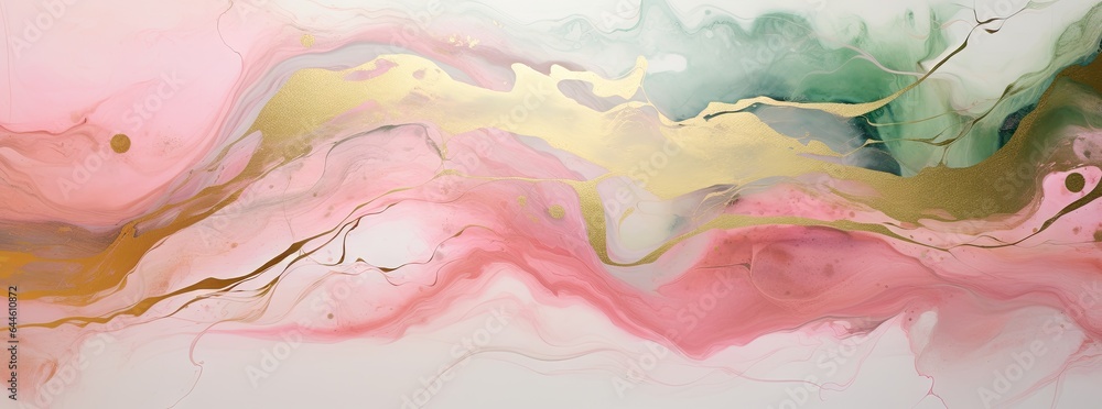 Banner with fluid art texture. Backdrop with abstract mixing paint effect. Liquid acrylic artwork that flows and splashes. Mixed paints for interior poster. Emerald green, gold and pink colors