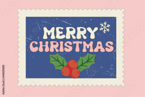 Retro 60s 70s Christmas New Year postal stamp card. Hippie Groovy Xmas sign Merry Christmas. Merry Christmas and Happy New year in trendy groovy hippie style. Vector illustration