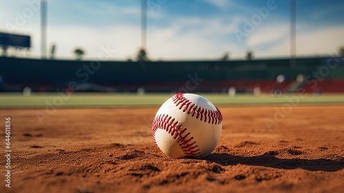 a pristine baseball resting on the infield grass, highlighting the details of the baseball's stitching and texture. The scene conveys the excitement and readiness for a game.