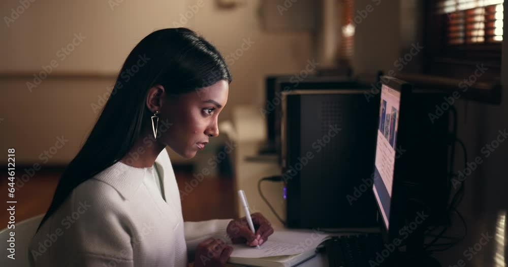 Computer, notebook and writing at night with a woman in her office to work on an article as a journalist. Administration, schedule or research with a young reporter looking for information online Computer, notebook and writing at night with a woman in her office to work on an article as a journalist. Administration, schedule or research with a young reporter looking for information online