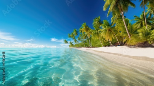 Tropical Paradise  A Pristine Beach Oasis with Towering Palm Trees  Lush Greenery  and Inviting Turquoise Waters