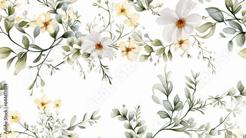 a delicate white paint texture adorned with meticulously arranged flowers, herbs, and leaves. The composition serves as a captivating background SEAMLESS PATTERN. SEAMLESS WALLPAPER. © lililia
